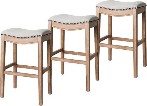 Vista 40 de Maven Lane Adrien Taburete de bar sin espalda, juego de 2, asiento de silla de montar de 31 pulgadas con reposapiés, marco de madera maciza marrón