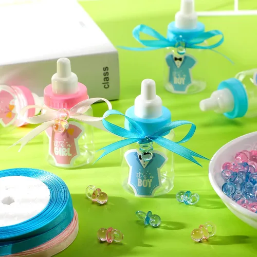 Vista 4 de 162 piezas de revelación de género para baby shower, 48 mini botellas de leche de plástico para bebé, 48 mini chupetes de plástico, 64 calcomanías