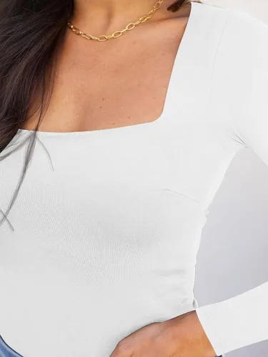 Vista 4 de REORIA - Body sexy de manga larga con cuello cuadrado y doble forro para mujer