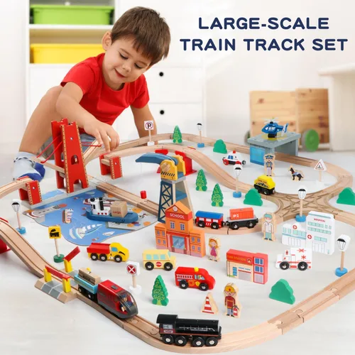 Vista 9 de Qilay Juego de tren de madera de 121 piezas con bolsa de almacenamiento, juego de pista de tren de madera Busy Port City para niños a partir de 3