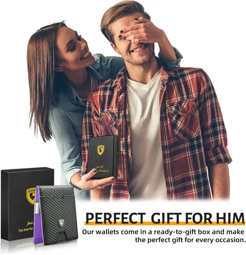 Vista 7 de GSOIAX Billetera delgada para hombre con clip para dinero, bloqueo RFID, minimalista, de piel auténtica, de fibra de carbono, 11 ranuras