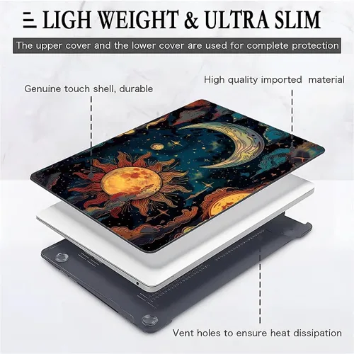Vista 6 de para MacBook Air de 13 Pulgadas, Funda Negra con Patrón de Sol y Luna Brillando en Contraste Versión 2011-2017 de A1466/A1369 Carcasa Rígida