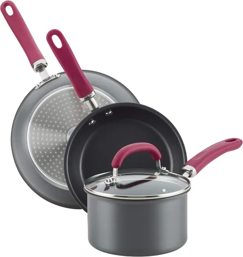 Vista 10 de Rachael Ray Create Delicious - Juego de ollas y sartenes antiadherentes anodizadas duras, 11 piezas, asas burdeos