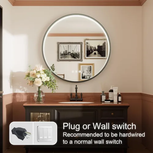 Vista 8 de Espejo de baño LED redondo Bluetooth dual de 20 pulgadas con antivaho Black Frame Circle Vanity Mirror with Lights, 3000K/4500K/6000K, Adjustable