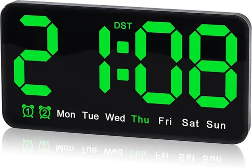 Vista 7 de Reloj de pared digital grande de 9.5 pulgadas con pantalla LED, DST automático, alarma dual con repetición, brillo ajustable, visualización