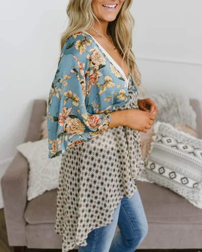Vista 2 de Kimono Floral para mujeres estilo cárdigan, manga 34 con Volantes Ligero, Patchwork Flowy Boho Tie Loose Cover Ups