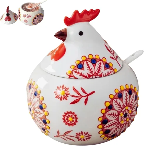 Vista 10 de Bodega de sal en forma de pollo con tapa y cuchara, soporte de sal para Azul
