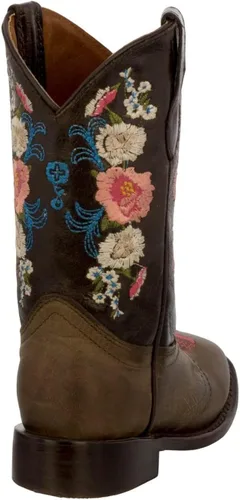 Vista 4 de Jazmin - Botas vaqueras con bordado floral para niñas pequeñas, color marrón, punta cuadrada, TRUE