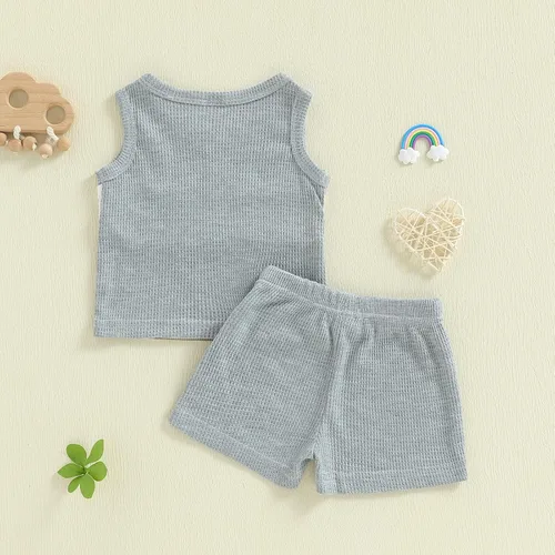 Vista 8 de Ropa de bebé niño sin mangas + pantalones cortos con estampado a rayas con bolsillos, 2 piezas de trajes de verano