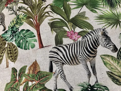 Vista 3 de Safari Zoo - Tela con estampado digital de animales africanos, selva tropical, palmera, hoja de flores, aspecto de lino, 54 pulgadas de ancho
