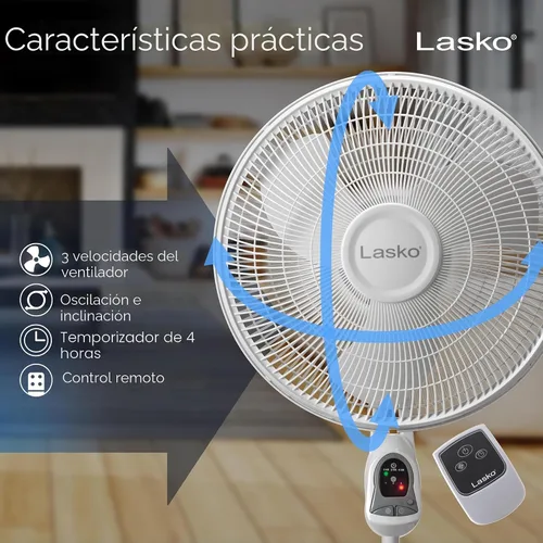 Vista 4 de Lasko 1646 - Ventilador de pedestal oscilante y ajustable con temporizador y control remoto para uso en interiores, dormitorio, sala de estar, Blanco