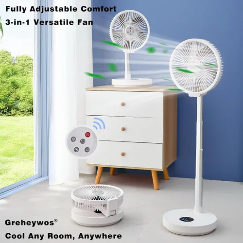 Vista 2 de Ventilador oscilante plegable recargable de 10 pulgadas, ventilador de pie con batería de 7200 mAh con control remoto, 6 velocidades y función