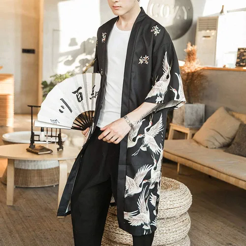 Vista 3 de HAORUN Abrigo kimono japonés para hombre, holgado, Yukata, albornoz largo, tops vintage