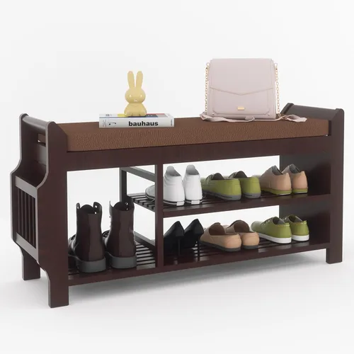 Vista 3 de NURTUDIS Banco de zapatos, taburete de bambú para almacenamiento de zapatos con cojín extraíble, estante organizador de almacenamiento de zapatos