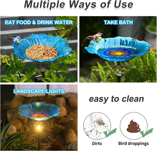 Vista 3 de Homight Comedero de aves solar de cristal azul, arte de jardín, baño para pájaros al aire libre con estaca de metal con luz LED blanca, decoración