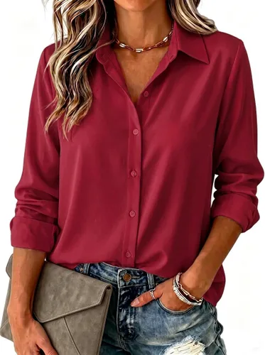 Vista 13 de Zeagoo Blusa para mujer, de manga larga, con botones, casual, ligera, lisa/estampada