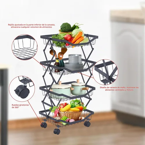 Vista 4 de Cesta de frutas de 4 niveles para cocina, apilable de alambre de metal, cesta de frutas y verduras con ruedas, carrito de utilidad con ruedas