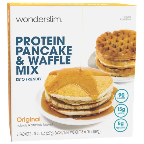 Vista 9 de Mezcla para panqueques y waffles de proteínas WonderSlim, sabor a arándano, baja en azúcar y calorías (7 unidades) High Protein Breakfast, 15g