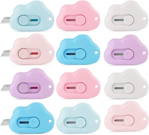 Vista 8 de Cortadores de cajas – Paquete de 3 abrecartas retráctiles, adorable cortador de papel pequeño de nube para llavero, bolsa de bolsillo, paquete