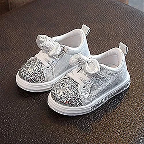 Vista 4 de Crystal Sport - Tenis deportivos con lentejuelas para niños y niñas, con lazo, brillantes zapatos para bebés y niñas (plateado-B, 18-24 meses)