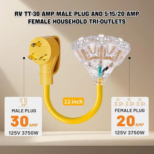 Vista 2 de Adaptador de potencia RV de 30 amperios a 110 V y 20 amperios, NEMA TT-30P macho a divisor de 3x5-15R/20R tomas de corriente domésticas