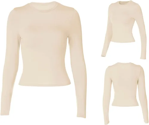 Vista 5 de Blusa corta básica casual para mujer, ajustada, manga larga, cuello redondo, color sólido, para otoño, camiseta ajustada Albaricoque