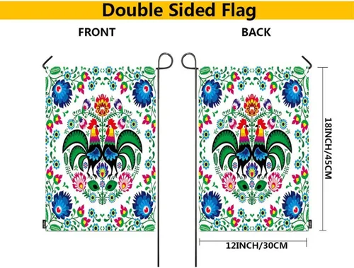 Vista 4 de Mugod Bandera de jardín de flores de Polonia, diseño cuadrado de arte popular floral con gallo decorativo primavera verano bandera de casa al aire