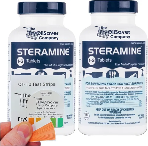 Vista 5 de FryOilSaver - 1 botella de tabletas desinfectantes de esteramina con 15 tiras de prueba QT-10, tabletas desinfectantes de esteramina multiusos