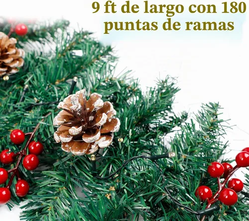 Vista 2 de GUOOU Guirnalda de Navidad Iluminada de 9 Pies (2.7 m), Guirnalda de Navidad a Pilas con Luces, Corona Guirnalda Preencendida para Decoraciones