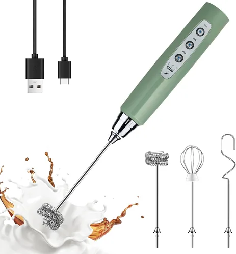 Vista 8 de YUSWKO Baby Blue - Varita espumadora de leche de mano para café, batidor eléctrico recargable con 3 cabezales, 3 velocidades, mezclador de bebidas