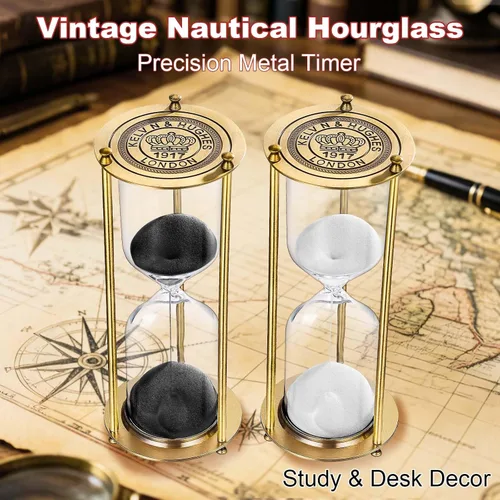 Vista 2 de Reloj de arena con temporizador de arena de 15 minutos, reloj de arena negra de latón vintage, reloj de arena pequeño de metal de 15 minutos, reloj