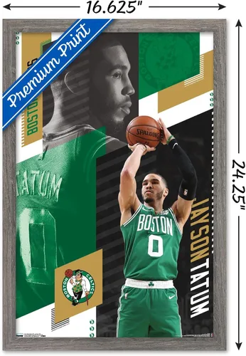 Vista 3 de Trends International NBA Boston Celtics - Póster de pared de Jayson Tatum 19, 14.725 x 22.375 pulgadas, versión enmarcada de madera de granero