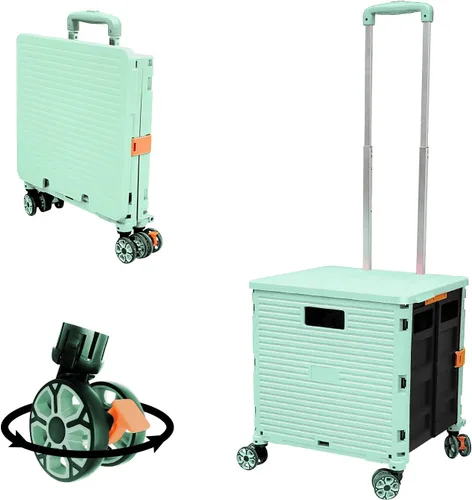 Vista 19 de Carrito plegable portátil con ruedas para compras, 4 ruedas giratorias con mango telescópico de plástico duradero y resistente, para viajes
