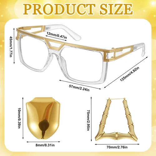 Vista 3 de Remuuly Kit de accesorios de trajes de los años 80 y 90 para mujeres y hombres, disfraz de rapero de hip hop, lentes dorados, collares gruesos