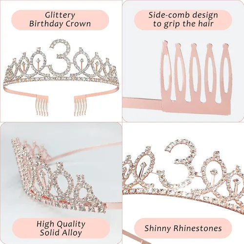 Vista 5 de Decoraciones de cumpleaños de 3 para ella – 5 regalos que incluyen corona de tercera tiara, banda, decoración de pasteles, globos, velas