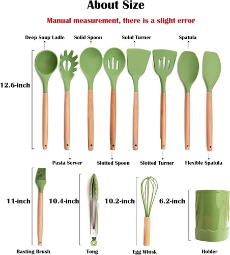 Vista 3 de Juego de utensilios de cocina de silicona verde aguacate, 12 utensilios de cocina resistentes al calor, herramientas de cocina con mango de madera
