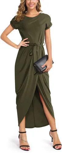 Vista 2 de Vestido largo GRECERELLE para verano, con manga corta, para mujer, con cintura elástica y abertura lateral, con cinturón