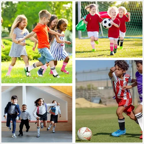 Vista 7 de BONANGEL Calcetines de fútbol para niños y niñas, de algodón, hasta la rodilla, a rayas, calcetines largos atléticos para niños y niñas, 4 pares