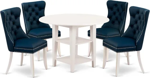 Vista 19 de East West Furniture SUDA5-LWH-12 - Juego de mesa de comedor de 5 piezas, incluye una mesa de cocina redonda con gotas y estantes y 4 sillas de tela