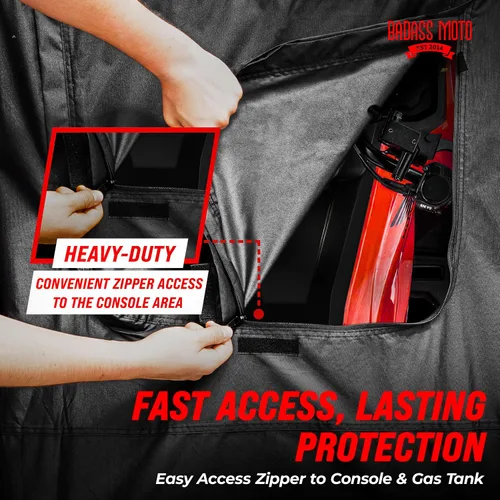 Vista 4 de Cubierta de protección para motocicleta de la marca Badass Motogear, con rayas reflectantes de seguridad nocturnas, escudos de calor