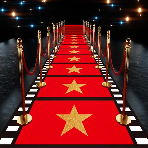 Vista 2 de Woanger Alfombra roja de plástico para fiesta, 30 μm de grosor, desechable, con estrella dorada, para pasillo, pasillo, película, decoración