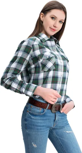 Vista 11 de PASHARTUK Camisas occidentales para mujer, camisas de manga larga de algodón para mujer con botones a presión, camisas a cuadros para mujer Beige