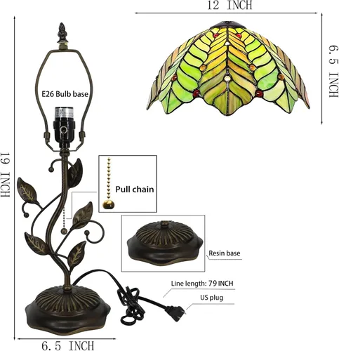 Vista 3 de Tiffany Table Lamp Stained Glass Bedside Reading Light W12H19 inch Brown Green Leaf Style Stained Glass Desk Light Pull Chain Switch Metal Leaf
