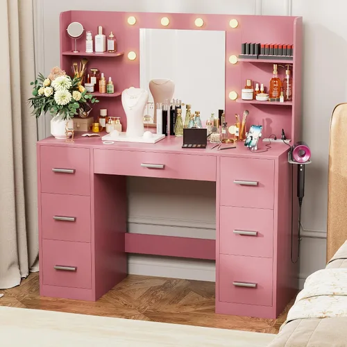 Vista 8 de VICTONE Escritorio de tocador con espejo iluminado LED y toma de corriente, 3 modelos de luces, mesa de tocador de maquillaje con 7 cajones y 6