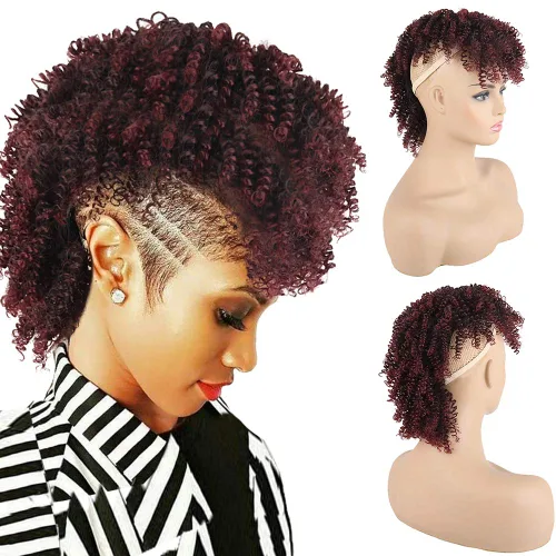Vista 12 de KRSI Cola de caballo de pelo alto afro con flequillo, moño sintético rizado Mohawk Kinkys rizado cola de caballo con clip en colas de caballo