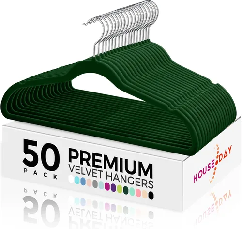 Vista 18 de HOUSE DAY - Paquete de 50 perchas de terciopelo premium, perchas antideslizantes de fieltro aterciopelado, perchas resistentes para ropa con gancho