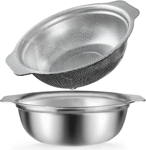 Vista 8 de Colador de acero inoxidable para cocina, colador de arroz de 2.5 cuartos con tazón para mezclar, juego de cuencos coladores con microporoso