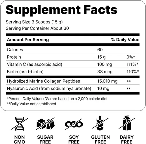 Vista 3 de Péptidos de Colágeno Marino - Polvo de Colágeno Ultrafino Hidrolizado para Mujeres y Hombres, Ácido Hialurónico, Biotina, Vitamina C, para Piel