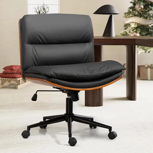 Vista 12 de Silla de oficina moderna sin brazos de nogal con ruedas, silla ejecutiva de cuero PU ajustable de giro amplio, silla de computadora ergonómica