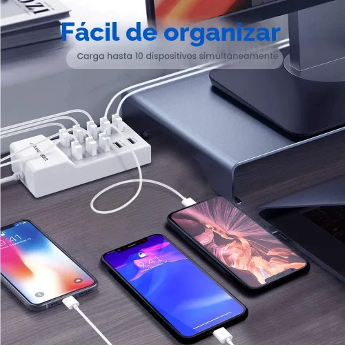 Vista 5 de Estación de carga de pared USB de 10 puertos con carga rápida, tecnología de detección automática, seguridad garantizada, puertos USB
